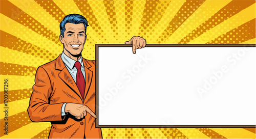 A smiling businessman in an orange suit points enthusiastically at a blank sign against a vibrant pop art background.
