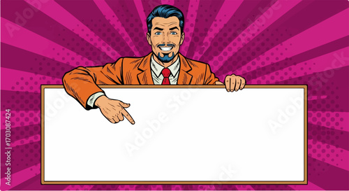A cheerful businessman points to a blank sign, showcasing it against a vibrant pop art backdrop.