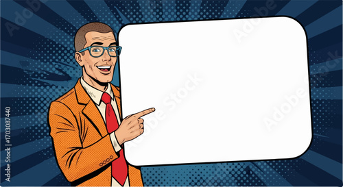 A cheerful businessman in a pop art style points excitedly towards a large blank speech bubble against a dynamic blue background.