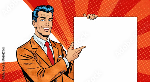 A smiling businessman in a retro pop art style points towards a blank white sign against a vibrant red and orange background.