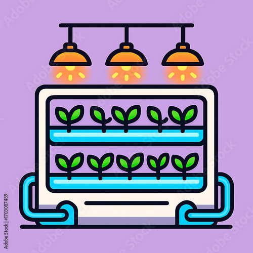 Illustration of a vertical farm, showing green plants on multiple tiers under artificial lights. Symbolizes sustainable indoor agriculture, hydroponics, and modern cultivation