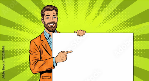 A cheerful bearded man in an orange jacket points at a blank white sign against a vibrant pop art background.