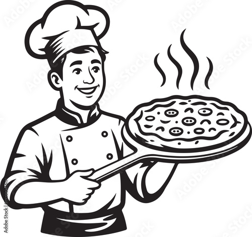 Cheerful Chef Holding Pizza On Shovel Black And White Illustration
