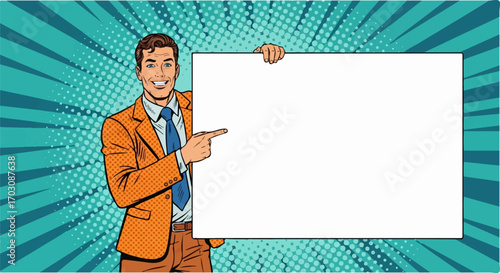 A smiling businessman in a retro pop art style, confidently pointing at a large blank sign against a vibrant teal background.