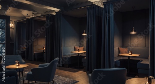 Luxurious private booths with plush seating and ambient lighting create an intimate, exclusive atmosphere perfect for sophisticated dining or quiet conversation in a modern lounge.
