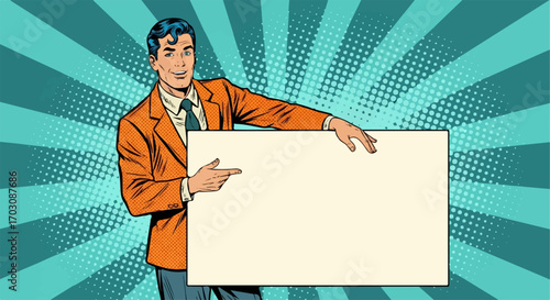 A smiling businessman in a retro orange suit confidently presents a blank sign against a vibrant pop art background.