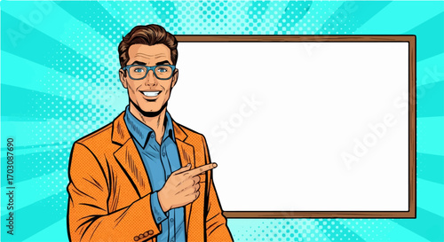 A smiling businessman in an orange jacket points enthusiastically at a blank whiteboard against a vibrant pop art background.