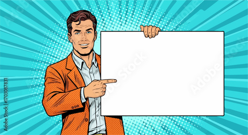 A smiling man in an orange jacket points towards a blank white sign against a vibrant pop art background.