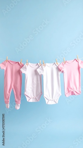 Baby clothes on clothesline against blue background