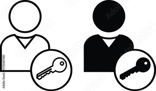 Login Icons. Black and White Vector Illustrations. Website User and Key. Account Access Rights Confirmation. Password and Data Security Concept

