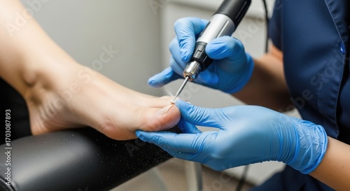 Podiatrist meticulously performing a pedicure on client's toenails with specialized tool