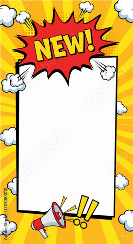 A vibrant pop art announcement shouts "NEW!" from a red speech bubble, a megaphone adding to the excitement, all against a bright yellow sunburst background.