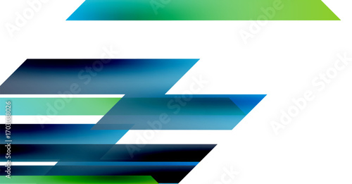 Abstract design features layered blue, green rectangles over white background. Minimalist composition suggests movement, depth. Clean lines dominate.