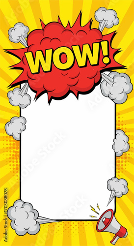 A vibrant comic book style announcement with a "WOW!" speech bubble, megaphone, and dramatic smoke trails against a yellow radial background.