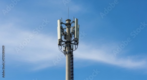 Communications antenna tower against blue sky symbolizing connectivity era