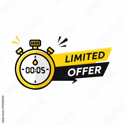 A yellow stopwatch showing 00:05 seconds announces a limited-time offer against a stark white background, conveying urgency and exclusivity.