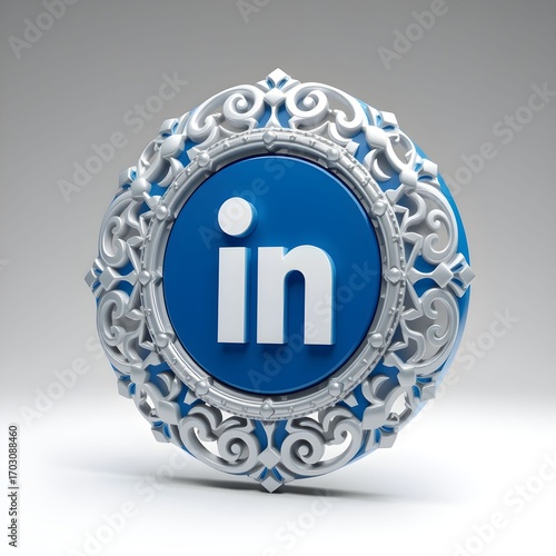 Ornate silver frame surrounds a 3D blue LinkedIn logo.