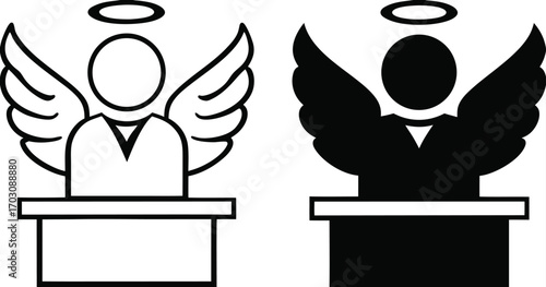 Innocence Icons. Black And White Vector Illustrations. Man With Wings And Halo Over His Head. Not Involved In Crime, Misdemeanor, Or Other Evil Deed. Justice Concept

