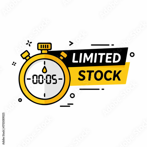 A yellow stopwatch showing 00:05 seconds remaining next to a bold "Limited Stock" banner conveys urgency and scarcity.