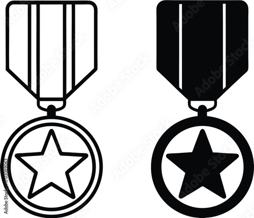 Honor Icons. Black and White Vector Illustration. Medal with Star. Honesty, Loyalty, Justice, Nobility. Reward Concept

