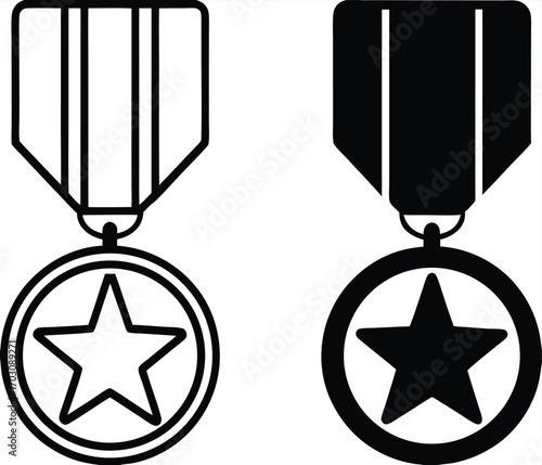 Honor Icons. Black and White Vector Illustration. Medal with Star. Honesty, Loyalty, Justice, Nobility. Reward Concept

