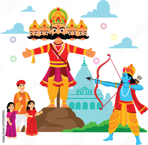 Dussehra Celebration: Vibrant illustration depicts the triumph of good over evil during the Dussehra festival, featuring a depiction of the ten-headed demon Ravana.