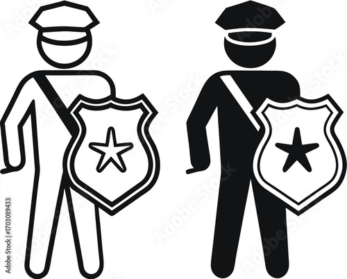 Authority Icons. Black and White Vector Illustrations. Policeman, Officer. Ability To Influence People's Behavior. Justice Concept

