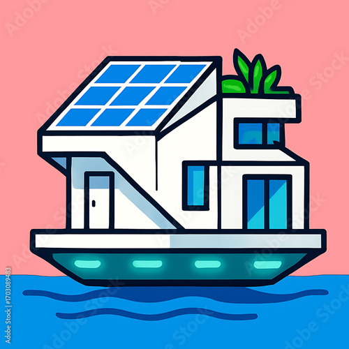 Vibrant minimalist illustration of a contemporary floating house featuring solar panels, embodying sustainable living and innovative architectural design for modern aquatic residences