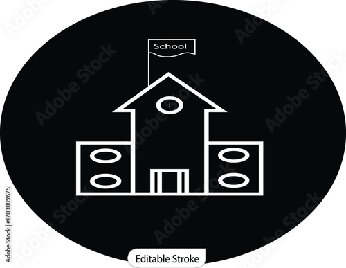 A minimalist line art icon of a school building with a flag. Ideal for apps and websites related to education, learning, and academic institutions.