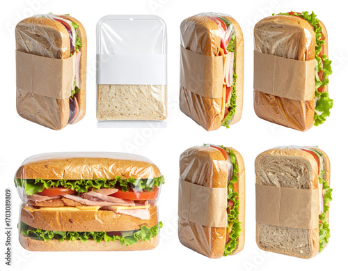 Assorted packaged sandwiches, various angles