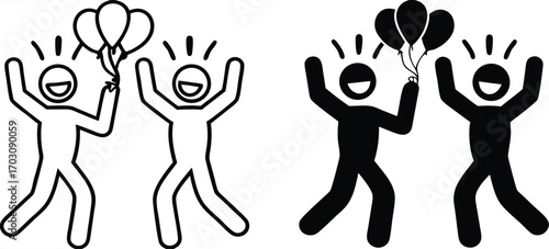 Celebration Icons. Black and White Vector Illustrations. Two People Smiling and Dancing with Balloons. Party, Congratulations on the Important Event. Reward Concept


