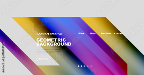 Colorful geometric design. Website header showcases vibrant diagonal stripes, text, navigation options, plus button. Modern aesthetic.