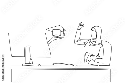 Single continuous line drawing hands out of the monitor screen while holding a graduation cap. Online lectures and graduation. The smart worker. Things from Screen. One line design vector illustration