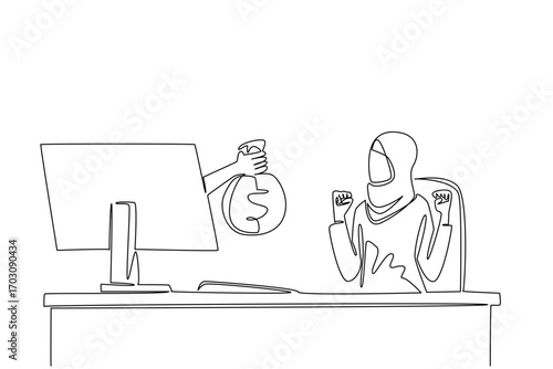 Continuous one line drawing hands out of monitor screen while holding money bag. Fun business when profit is big. Feeling of enthusiasm. Things from Screen. Single line draw design vector illustration