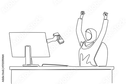 Single one line drawing hands out of the monitor screen while holding a stack of banknotes. Fast return on investment. Focus on profit. Things from Screen. Continuous line design graphic illustration