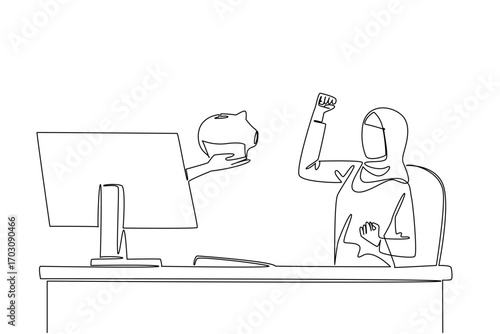 Single continuous line drawing hands out of the monitor screen while holding a piggy bank. Get additional capital for business expansion. Happy. Things from Screen. One line design vector illustration