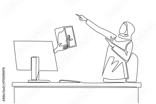 Continuous one line drawing hands out of the monitor screen while holding a safe deposit box. Only success is worthy of receiving. Lock. Things from Screen. Single line draw design vector illustration