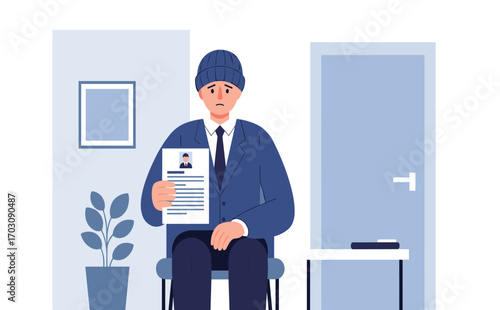 Concerned Man Holding Resume in Waiting Room Setting