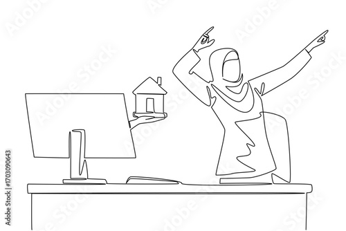 Continuous one line drawing hands out of the monitor screen while holding miniature house. Passive income that is immediately realized. Things from Screen. Single line draw design vector illustration