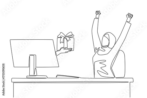 Single one line drawing hands out of the monitor screen while holding a gift box. The feeling of enthusiasm for receiving a surprise. Things from Screen. Continuous line design graphic illustration