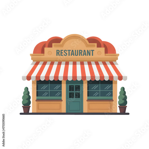 A charming red and white striped awning adorns this classic restaurant building inviting customers inside