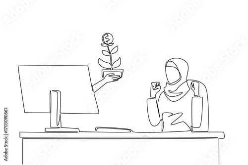 Single continuous line drawing hands out of the monitor screen while holding a money tree with dollar coin fruit. Investing patience pays off. Things from Screen. One line design vector illustration