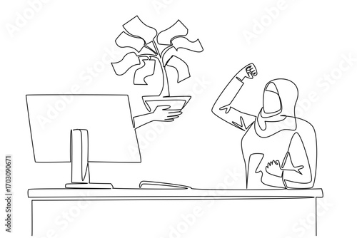Single continuous line drawing hands out of the monitor screen while holding money tree with leaves made of banknotes. Investment. Profit. Fun. Things from Screen. One line design vector illustration