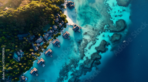 Wallpaper Mural Drone view of Bora Bora island, French Polynesia, showcasing the iconic mount Otemanu, turquoise lagoon, lush green vegetation, and idyllic overwater bungalows resort Torontodigital.ca