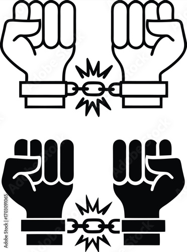 Freedom Icons. Black and White Vector Illustrations. Man in Handcuffs Breaks the Chain. Act According to Own Choice and Inner Beliefs, Independence. Concept Justice

