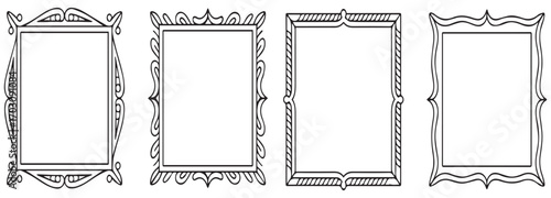A collection of elegant hand-drawn ink vintage frames with retro borders and ornamental sketch outlines. Designed in minimalist coquette style with stamp-like decorative details. Perfect for greeting 