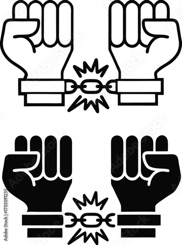 Freedom Icons. Black and White Vector Illustrations. Man in Handcuffs Breaks the Chain. Act According to Own Choice and Inner Beliefs, Independence. Concept Justice

