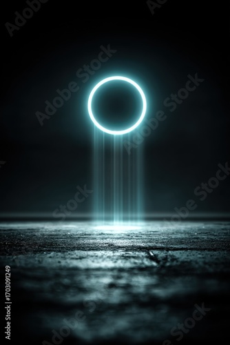 Futuristic glowing circle hovering above a textured surface in a dark setting