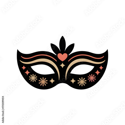 Elegant black masquerade mask with ornate gold and coral accents