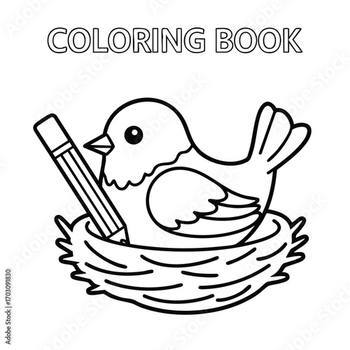 Black and white line drawing of a bird sitting in a nest holding a pencil for a children's coloring book design